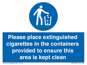 Please place extinguished cigarettes in the containers provided to ensure this area is kept clean